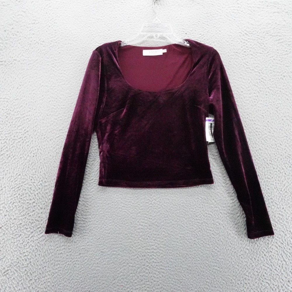 ASTR The Label Womens Velvet Long Sleeve Scoop Neck Crop Top Purple Medium NEW